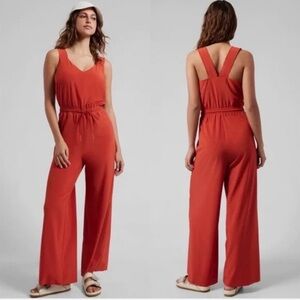 Athleta Savannah Jumpsuit | Coral Red Wide Leg | Athleisure Travel Jumpsuit